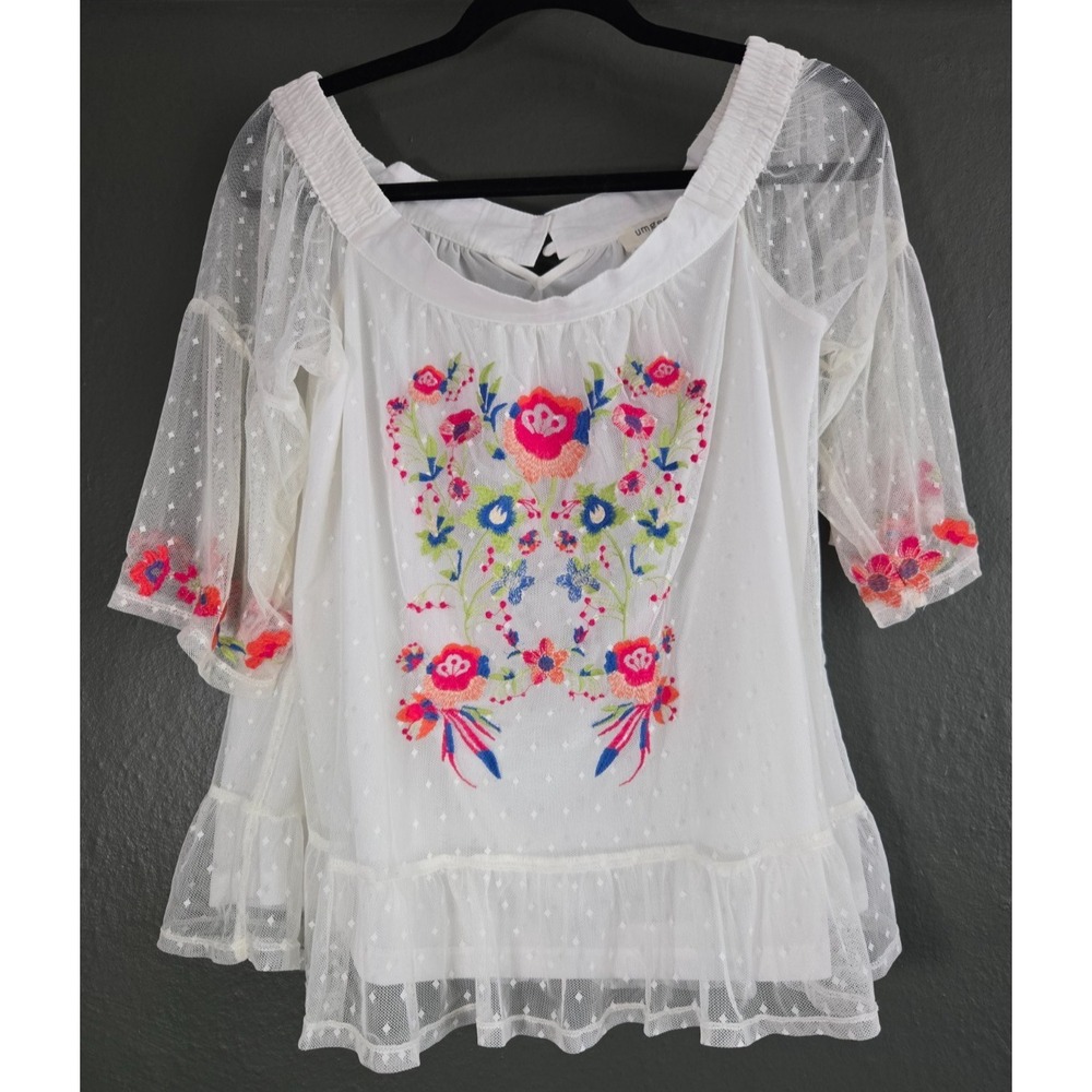 White Embroidered Peasant Sheer Mesh Top Size L Boho Cottagecore Coquette